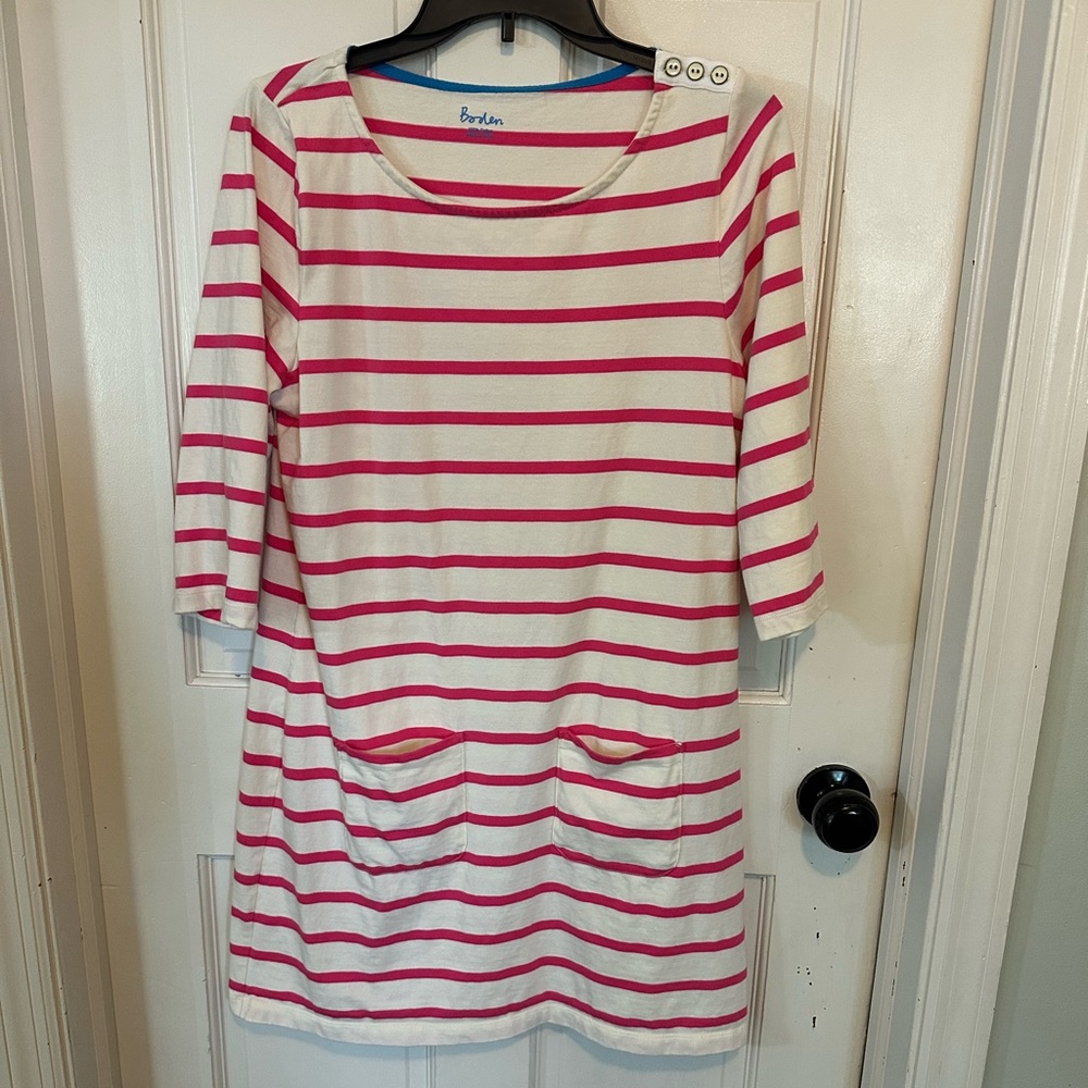 Boden‎ Breton Striped Tunic Dress Size 10 Pink & White Cotton Jersey Half Sleeve